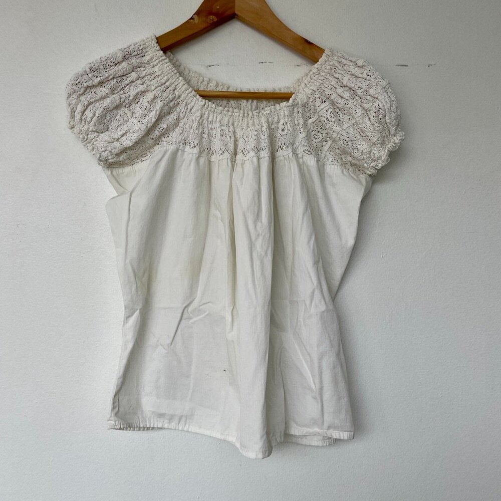 Vintage Off White Sheer Lace Yoke Short Sleeve Casual Blouse Wmns Size M